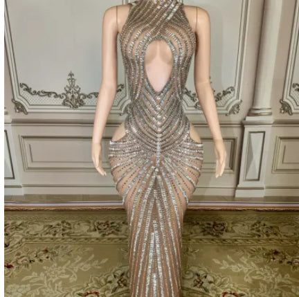 Womens Sexy Mesh Hollow-Out Nightclub Stage Dress Performance Outfit Evening Gown
