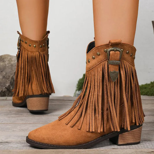 Vintage Tassel Detor Ankle Boots Women Spring Autumn Pointed Toe Square Heel Boots Woman Fashion Slip On Plus Size Booties Lady