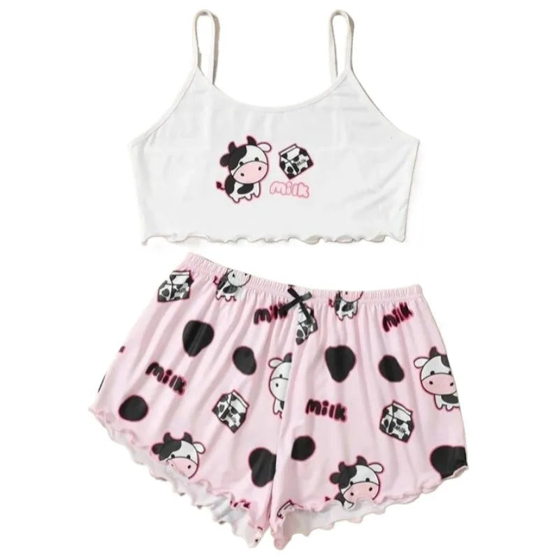 Women 2 Pieces Pajamas Set Cute Cow Print Sleeveless Top and Shorts Sleepwear Casual Homewear Loungewear Pijamas