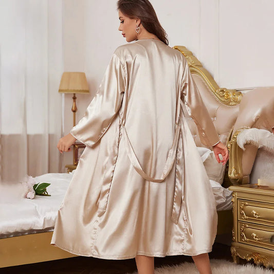 Women Summer Stain Ice Silk Pajamas Set Ladies Nightgowns 2pcs Satin Robes and Nightdress Set Home Wear Loungewear