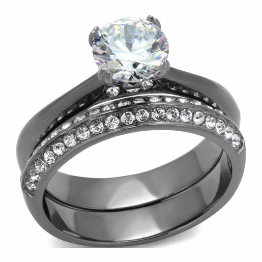 Womens 7x7mm Round Cut CZ Light Black IP Stainless Steel Wedding 2 Rings Set