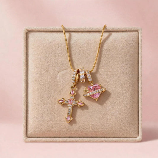 Heart Cross Pendant Necklace for Women Stainless Steel Necklace 14K Gold Plated Snake Chain Necklace with Pink Zircon Heart & Cross Charms, Hypoallergenic Dainty Layering Pendant Necklace Jewelry Gift for Women Girls Valentin