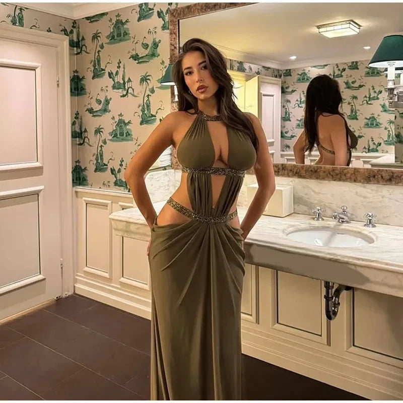 Hollow Out Halter Maxi Dress Sexy Pleated Solid Sleeveless Off Shoulder Backless Slim Women Dresses Fashion Party Gowns