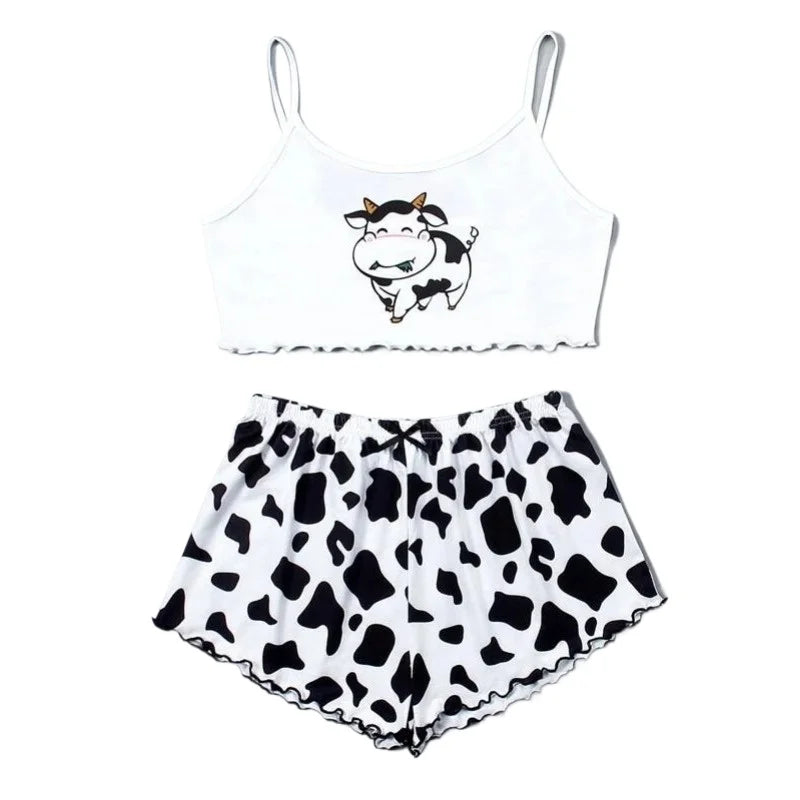 Women 2 Pieces Pajamas Set Cute Cow Print Sleeveless Top and Shorts Sleepwear Casual Homewear Loungewear Pijamas