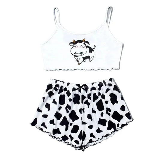 Women 2 Pieces Pajamas Set Cute Cow Print Sleeveless Top and Shorts Sleepwear Casual Homewear Loungewear Pijamas