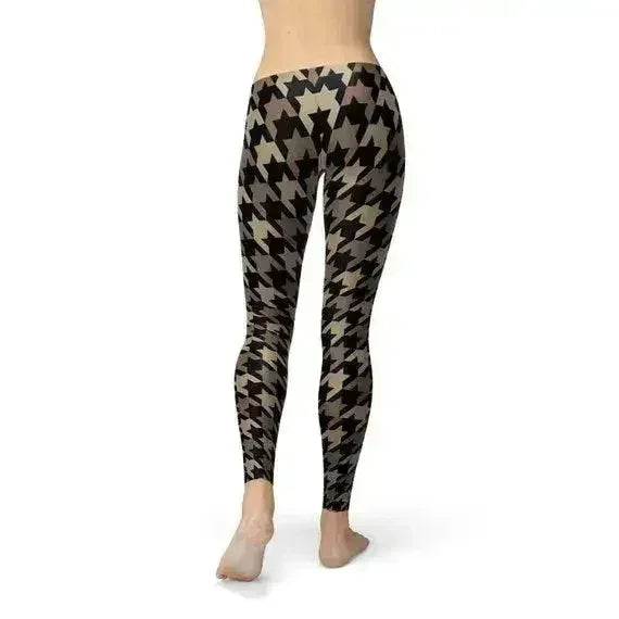 Womens Beige Brown Houndstooth Leggings