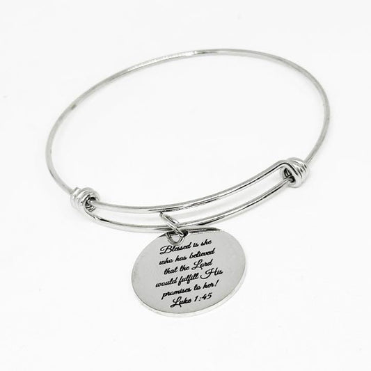 Blessed Is She Luke 1 45 Bracelet Stainless Steel Engraved Charm Inspirational Christian Jewelry Faith Gift For Women Scripture Bangle